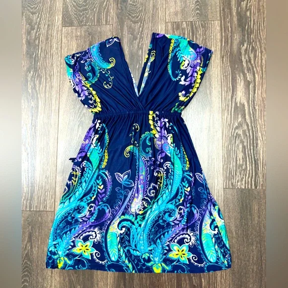 Women’s v-cut dress, size XL. Length 32”. Modern design blue purple - Picture 1 of 7